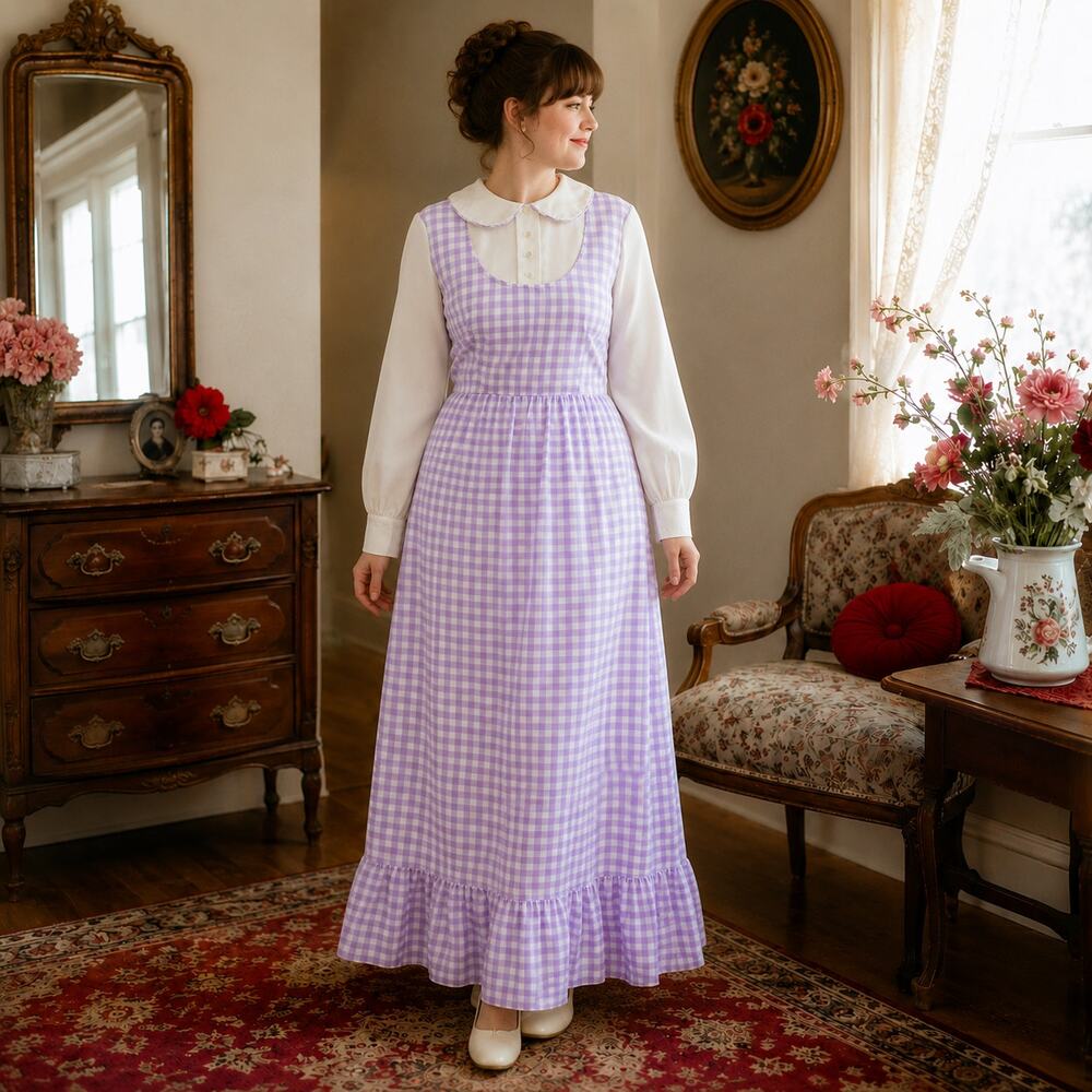 70s Sears Lavender Gingham Prairie Maxi Dress Peter Pan Collar - M